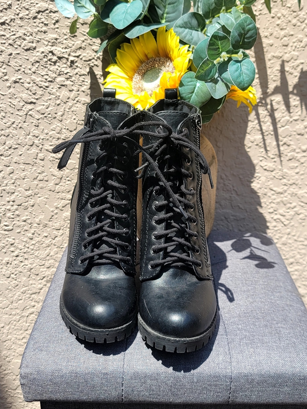 Soda Black Lace-Up Combat Boots with Side Zipper